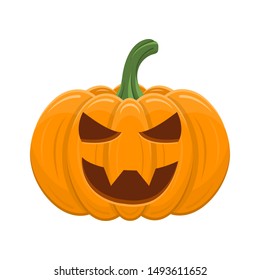 Halloween pumpkin isolated on white background. Cartoon orange pumpkin with smile, funny face. The main symbol of the Halloween, autumn holidays. Vector illustration for any design.