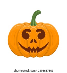 Halloween pumpkin isolated on white background. Cartoon orange pumpkin with smile, funny face. The main symbol of the Halloween, autumn holidays. Vector illustration for any design.