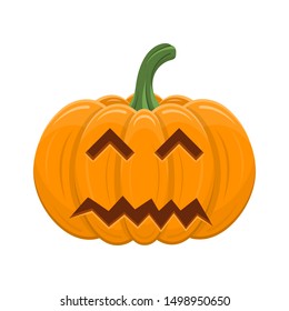 Halloween pumpkin isolated on white background. Cartoon orange pumpkin with smile, funny face. The main symbol of the Halloween, autumn holidays. Vector illustration for any design.