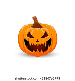 Halloween Pumpkin isolated on white background. The main symbol of the Happy Halloween holiday. Orange spooky pumpkin with scary smile holiday Halloween.	