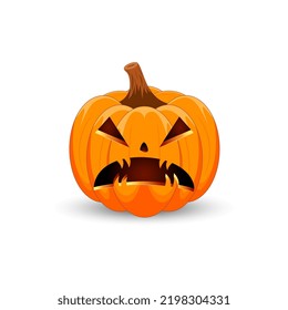 Calabaza de Halloween aislada de fondo blanco. El símbolo principal de la fiesta de Halloween Feliz. Calabaza naranja espeluznante con una sonrisa aterradora en Halloween. Ilustración vectorial.