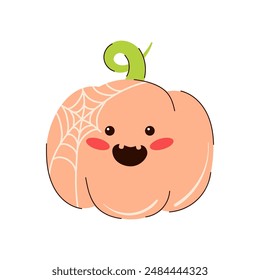 Halloween pumpkin isolated on white background. Cute funny pumpkin with spiderweb in kawaii style. Pumpkin with smiley face