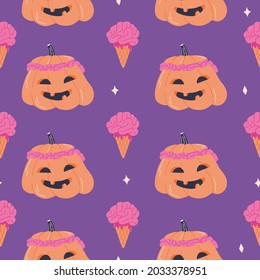 Halloween pumpkin jack and brain ice cream seamless pattern. Cute spooky desserts print design with magic stars. Vector textile wallpaper in doodle flat cartoon style. Scary holiday, purple background
