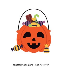 halloween pumpkin jack face with candies vector illustration design