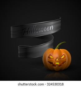 Halloween Pumpkin Jack Lantern with black ribbon. Holiday Vector Illustration Of Realistic Pumpkin