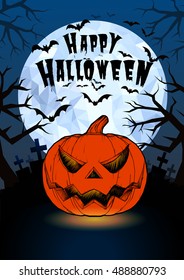 Halloween pumpkin jack lantern and darkness graveyard on full moon background illustration in vintage less color style