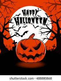 Halloween pumpkin jack lantern and darkness graveyard on full moon background illustration in vintage two color style