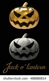 Halloween pumpkin jack lantern with different styles material in gold and stone on dark background