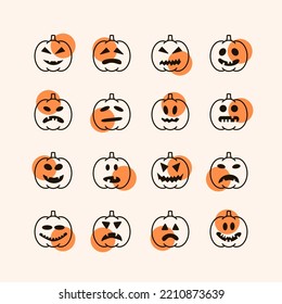 Halloween pumpkin jack lantern vector icons set. Spooky and angry carved faces for autumn holiday. Graph symbol, apps design, mobile apps and print media, logo, UI