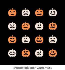 Halloween pumpkin jack lantern vector icons set. Spooky and angry carved faces for autumn holiday. Graph symbol, apps design, mobile apps and print media, logo, UI