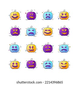 Halloween pumpkin jack lantern vector icons set. Spooky and angry carved faces for autumn holiday. Graph symbol, apps design, mobile apps and print media, logo, UI