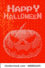 Halloween pumpkin jack lantern with white digital pixel 8 bit style on orange background