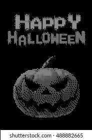 Halloween pumpkin jack lantern with white digital pixel 8 bit style on dark background