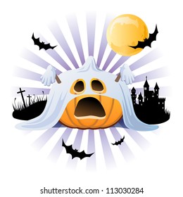 Halloween pumpkin Jack o lantern in ghost costume on silhouette background, EPS10