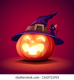 Halloween pumpkin. Jack O Lantern Pumpkin with witch hat.