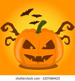Halloween pumpkin with Jack o Lantern face and bats on orange background. Vector illustration