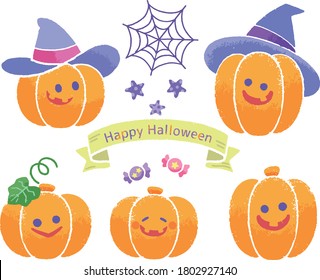 Calabaza de Halloween, Jack o lantern, estilo de escritura a mano de Crayon, ilustración de Cute, ilustración de caricatura.Ilustraciones vectoriales.Elementos de diseño de Halloween,icono.