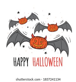 Halloween Pumpkin Jack o Lantern with Bat Wings Vector Illustration