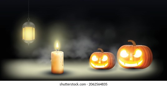 halloween pumpkin, Jack O Lantern, with an evil face and eyes on a wooden bench, table with a misty gray coastal night background with space for product placement.