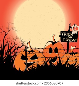 Halloween pumpkin jack o lantern barbed wire garden, trick or treat board and full moon. . Holiday  flyer pattern greeting, invitation, card, template, background, poster, cover, banner 