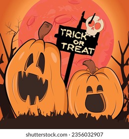 Halloween pumpkin jack o lantern barbed wire garden, trick or treat board and full moon. . Holiday flyer pattern greeting, invitation, card, template, background, poster, cover, banner
