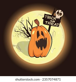 Halloween pumpkin jack o lantern trick or treat board on full moon. Holiday flyer pattern greeting, invitation, card, template, background, poster, card