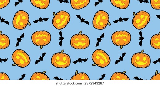 Halloween pumpkin jack o' lantern and bat cartoon seamless pattern; vector illustration