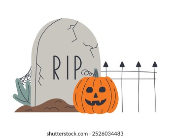 Halloween-Kürbis. Jack O Laterne. Netter Charakter auf dem Friedhof. Grab und Grabstein. Gruseliger gruseliger Hintergrund mit Spinnennetz. Orange Feiertagssymbol. Flache Vektorgrafik einzeln auf Weiß.