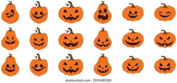 Halloween pumpkin jack o lantern face element vector set. Spooky Collection of orange pumpkin in different spooky faces. Creepy jack o lantern illustration for decoration, kids, poster, sticker, icon
