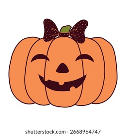 Halloween pumpkin, jack o lantern with carved face with cute bow, isolated on transparent. Hand drawn line vector illustration. Funny cartoon character. Traditional holiday design element, clip art