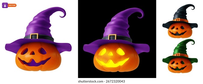 Halloween Kürbis oder Jack O Lantern mit Hexenhut. 3D realistische niedliche Kürbisse Set mit Carving lustig fröhlich Gesicht. Leuchtendes Gesicht, verschiedene Farben des Hutes im Set. Isolierte Vektorgrafik