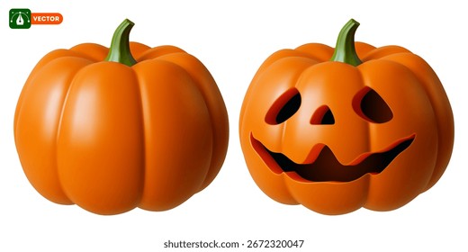 Abóbora de Halloween ou Jack O Lantern. 3d realista abóbora bonito com escultura rosto alegre engraçado. E abóbora de legumes de outono laranja no conjunto. Ilustração isolada de vetor
