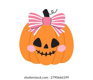 Halloween pumpkin jack o lantern character. Smiling orange gourd squash vegetable with pink striped bow tie happy face expression. Spooky autumn holiday vector isolated
