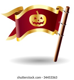 Halloween pumpkin Jack 'o Lantern icon on red and gold vector flag