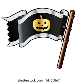 Halloween pumpkin Jack 'o lantern icon on black, silver, and gold vector flag
