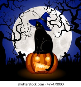 Halloween pumpkin Jack O Lantern and black cat on cemetery