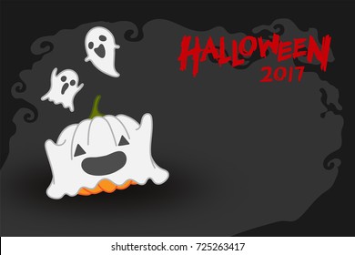 Halloween pumpkin jack o lantern costume set ghost spooky concept idea and halloween 2017 text illustration isolated on dark scary background, with copy space