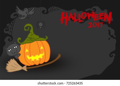 Halloween pumpkin jack o lantern costume set witch concept idea and halloween 2017 text illustration isolated on dark scary background, with copy space