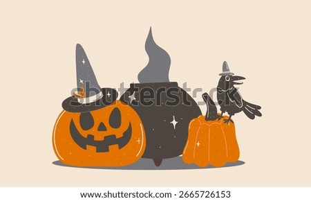 Halloween pumpkin jack o lantern and crow in wizard hats with magic cauldron, cartoon vector illustration for holiday greeting cards, posters, party invitations, spooky autumn decor.