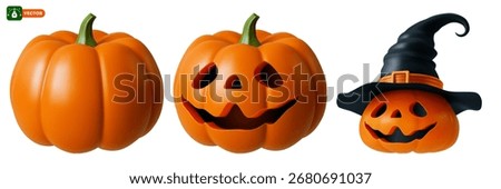 Halloween pumpkin or Jack O Lantern. 3d realistic cute pumpkin with carving funny cheerful face, with wrinkled witch hat. And orange autumn vegetable gourd in the set. Isolated vector illustration
