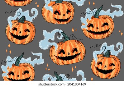 Halloween pumpkin jack on gray background with ghosts and stars. Vector pattern.