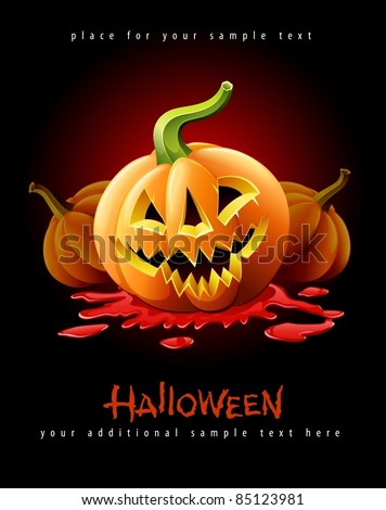 halloween pumpkin jack-o-lantern with angry face in red blood vector illustration isolated on black background