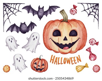 Halloween pumpkin jack-o'-lantern with a cheerful face, spooky ghosts, smiling bats, candy pieces, spider webs vector illustration. Halloween illustration featuring various festive elements. Text