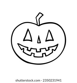Halloween pumpkin Jack-O-Lantern with cute smiling carved face isolated on white. Black line drawing sketch in doodle style. Vector picture, illustration of traditional decoration, holiday design.