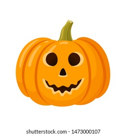Halloween pumpkin Jack-o-lantern with happy face isolated on white background. Cartoon vector illustration. The main symbol of the Happy Halloween holiday. Orange pumpkin with good smile