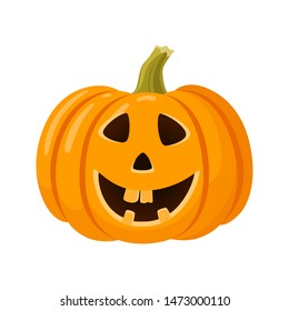 Halloween pumpkin Jack-o-lantern with happy face isolated on white background. Cartoon vector illustration. The main symbol of the Happy Halloween holiday. Orange pumpkin laughs