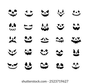 Calabaza de Halloween jack-o-lantern con caras espeluznantes Vector conjunto, tema de la silueta. Aislado en el fondo blanco, caras tontas tontas de Halloween