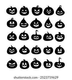 Calabaza de Halloween jack-o-lantern con caras espeluznantes Vector conjunto, tema de la silueta. Aislado en el fondo blanco, caras tontas tontas de Halloween