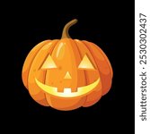 Halloween Pumpkin Jack-o-Lantern Vector Illustration. Carved Smiling Face with a Happy, Friendly Expression. Joyful, Spooky Decorations, Holiday Clipart, and Festive Designs. Isolated on a Background