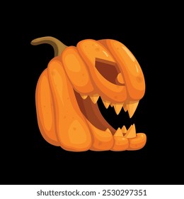 Ilustración vectorial de calabaza de Halloween Jack-o-Lantern. Cara sonriente tallada con una expresión traviesa y siniestra, dientes afilados y sonrisa dentada, vista lateral. Aislado en un fondo negro